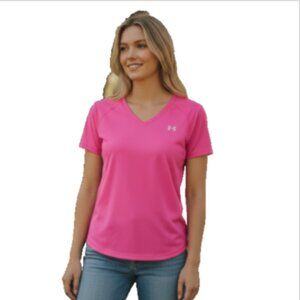 Under Armour Women's Top Sz L Pink Loose V-Neck Raglan Short Sleeve Athletic Tee